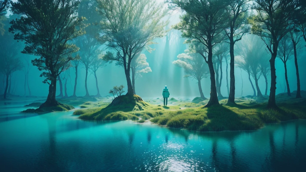 Photorealistic drone photo of a mountain slope covered in dense vegetation with a mist of humidity. In the center of the picture is a man with a faithful dog and a drone explorer. They set foot on a lonely unknown planet, A certain visible and invisible oceans stretched before the eyes of the astronaut, boasting a variety of shades from turquoise to deep blue. Islands, covered with strange and magical trees, shone on the surface of the water, Like little gems. Kodak ektar film, 35mm photography, professional lighting, deep aesthetic, microscopic details, contemporary art, dreamlike surrealism, The scene is epic and mysterious, reminiscent of the X-Files
