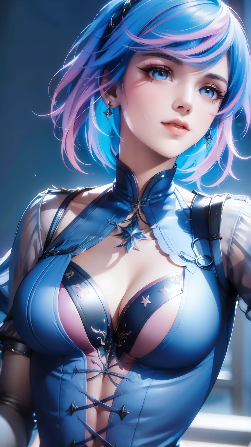 (best quality, masterpiece), 1girl, beautiful girl, brown_eyes, ((hair color [blue and pink hair], [pixie cut with bangs] hair)), earrings, lips, short sleeves,realistic, narrow waist, charming, colorful makeup, long eyelashes, fair skin, (cute), (detailed face), detailed eyes, detailed iris, consistent character, diferent pose