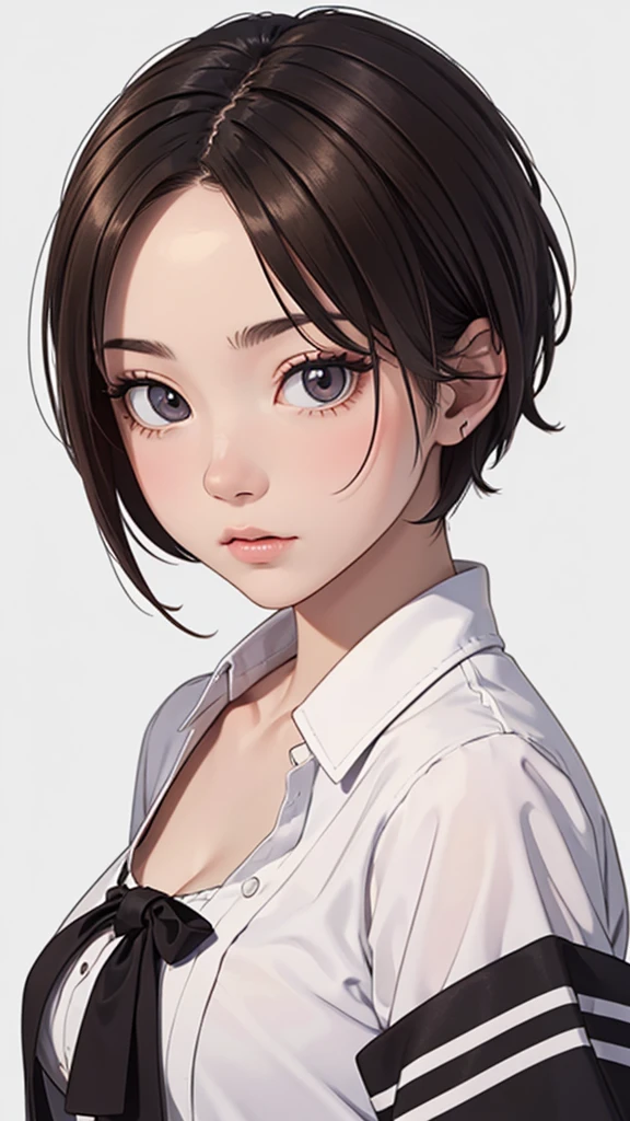 (((masterpiece, best quality, ultra highres, 1 girl, solo, no background))), super detailed skin and face and eyes and finger, beautiful japanese woman, small breasts:1.5, skinny, light brown hair, white background, very short pixie hair, cowboy shot, The background should be simple, outline, anime, 2d, boyish, expressionless, flat paint,