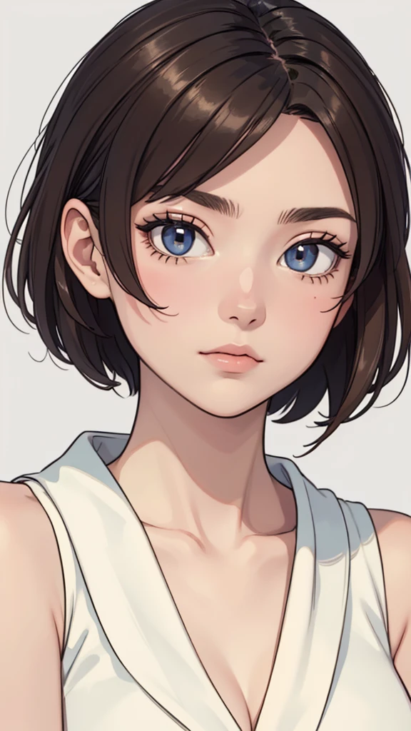 (((masterpiece, best quality, ultra highres, 1 girl, solo, no background))), super detailed skin and face and eyes and finger, beautiful japanese woman, small breasts:1.5, skinny, light brown hair, white background, very short pixie hair, cowboy shot, The background should be simple, outline, anime, 2d, boyish, expressionless, flat paint,