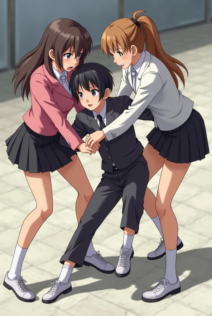 Three girl worked together to pin the boy down on his back and pin him to the ground. (The first girl wears a pink suit, black skirt, white socks, white sneakers, holding her left arm The second girl wore a dark gray suit, black skirt, white socks, and white sneakers on her right arm. The third girl wore a white suit, black skirt, white socks, and white sneakers holding on to both legs.)
