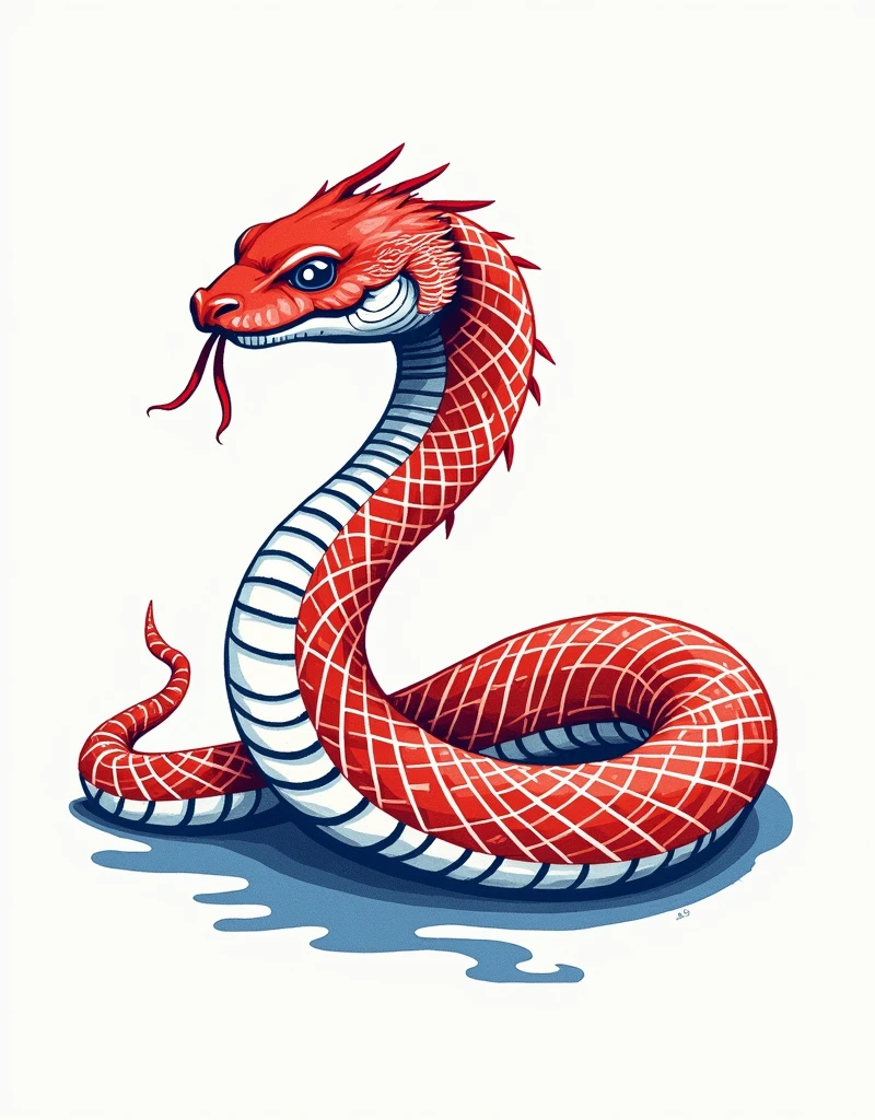 White background. The Snake in the Chinese zodiac,cute Snake,in the style of linocut,close-up of the whole body,fine line details,color sand red and blue and white porcelain blue,unique character design,bold color block,simple and concise,detailedintersections,high contrast,dynamic line,word using vintage images,in woodcut,hatching,woodcut style