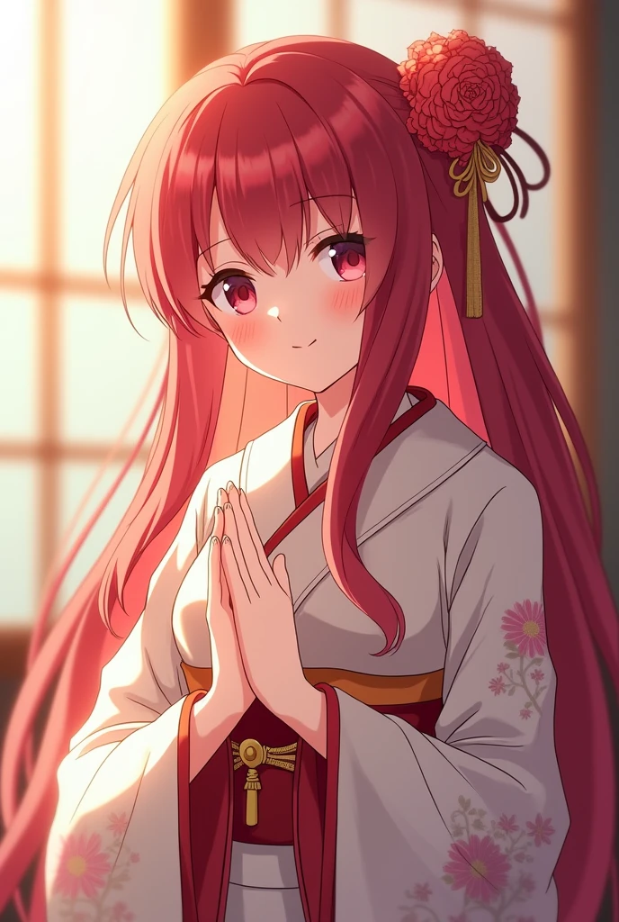 Masterpiece, top quality, linear art, anime Magi, character Morgiana, 4K quality, cute moe anime kimono with floral print, gentle smile, anime style Japanese hair, Overhead shot, anime style Japanese hair, glossy crimson hair, beautiful light source, beautiful woman, blonde hair, clear eyes, full body, cute face, life-size, perfect human structure, silky beautiful hair, beautiful light source, pure white skin texture, praying pose, Full HD, 4K, HDR, perfect person
