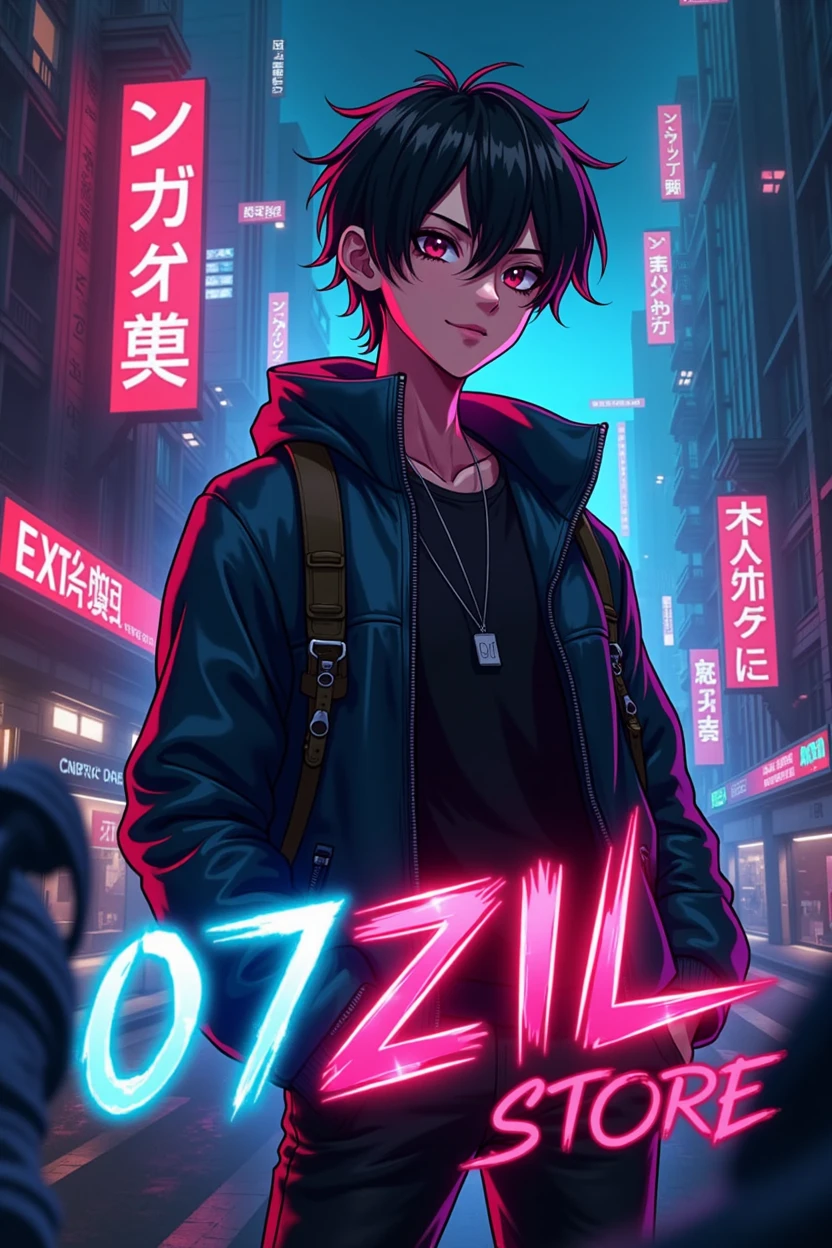 Anime art logo of a cool with the words "07ZIL STORE" red blue color In the urban future