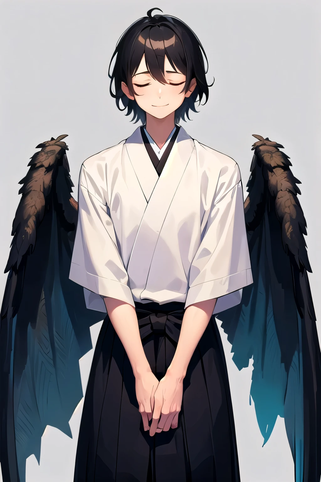 cowboy shot , ((no hat:1.5)),shoot from above.((Highest quality)),((Very detailed)),teenager,(man:1.5),(bird wings),(big wings:1.5),(black wings),black hair,medium hair,(closed eyes:1.5),(gentle smile),(simple background),anime,(hakama:1.25)