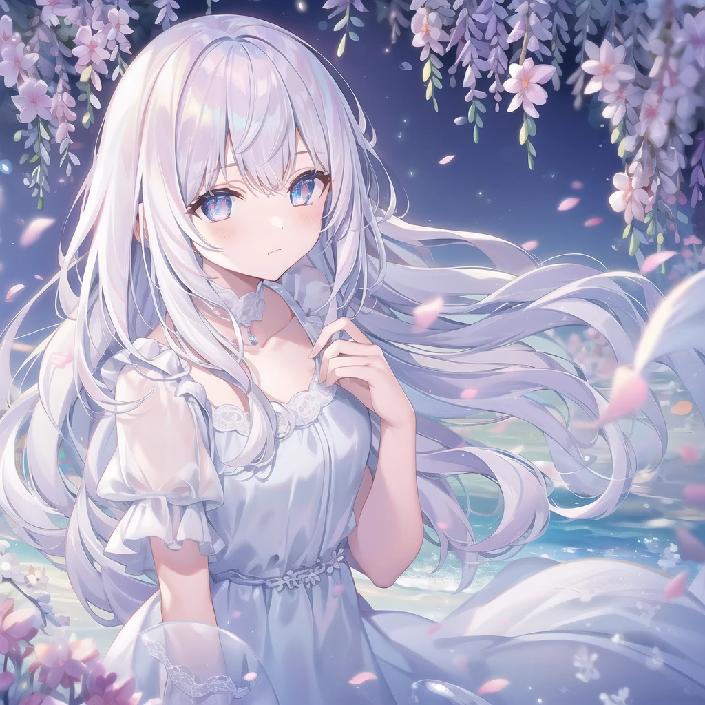 ((masterpiece, best quality))++, Detailed lighting+, Detailed hair+, Detail hand+ ,1 girl, Miss, Long hair, Crimson eyes, beautiful eyes, young white hair,,(Beautiful white hair:1.5),(Beautiful and delicate eyes), high resolution+,glass tint, Reflective eyes, {{angle}} , Very detailed wallpaper, The original, Air bangs,Extremely beautiful CG,Firefly,Nature,ocean