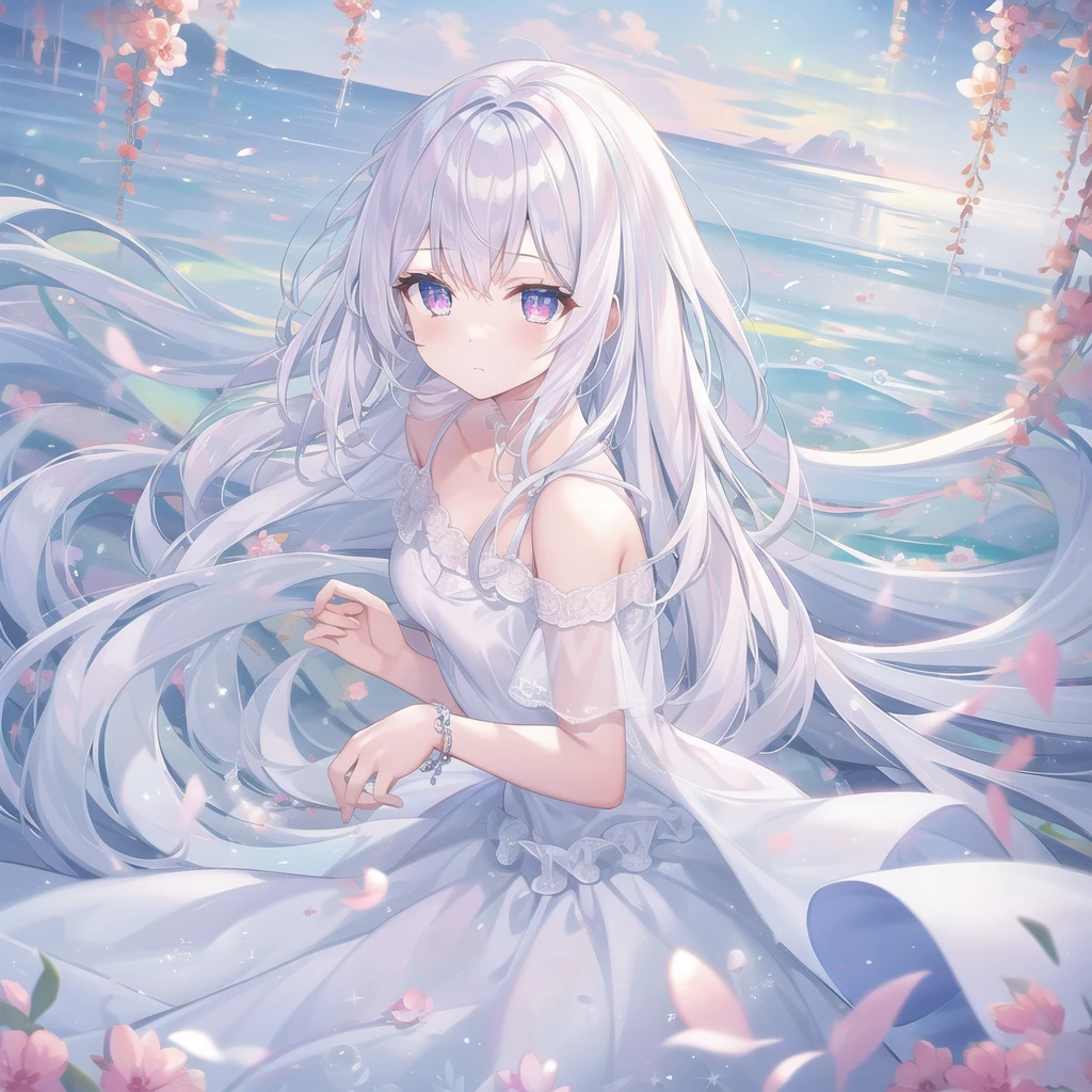 ((masterpiece, best quality))++, Detailed lighting+, Detailed hair+, Detail hand+ ,1 girl, Miss, Long hair, Crimson eyes, beautiful eyes, young white hair,,(Beautiful white hair:1.5),(Beautiful and delicate eyes), high resolution+,glass tint, Reflective eyes, {{angle}} , Very detailed wallpaper, The original, Air bangs,Extremely beautiful CG,Firefly,Nature,ocean