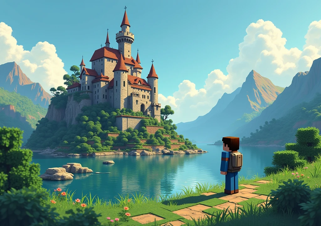 cree une miniature pour youtube pour une video sur minecraft la nostalgie donc mais un personnage de minecraft en dessin de dos qui regarde un paysage magnifique le style mode dessin manga mais faut reconnaitre minecraft avec en haut de lui une ecriture avec marque nostalgie pas de chateau et faut le voire de dos vraiment avec une epee en diamand
plante dans le sol