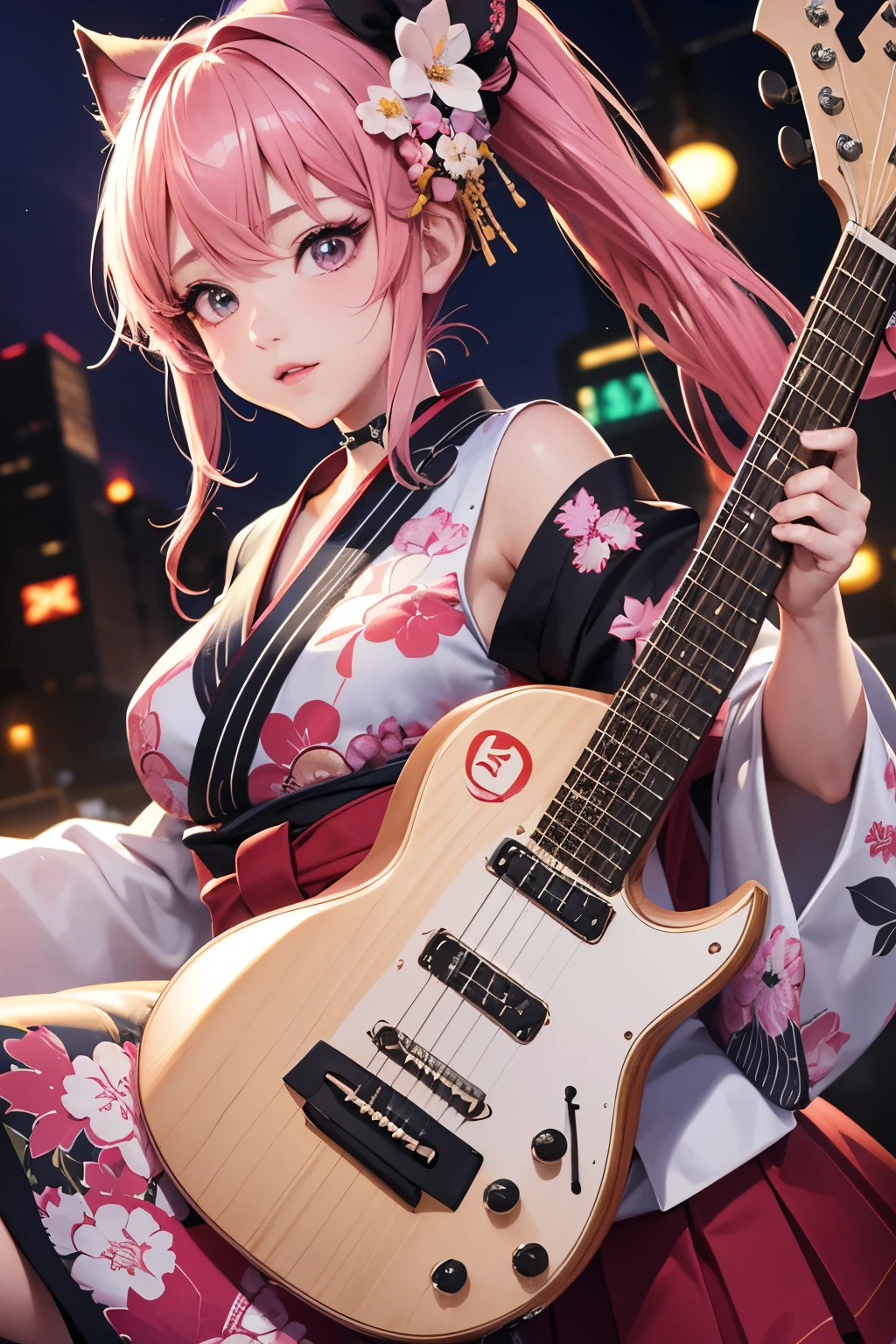 masterpiece, best quality, very detailed, high resolution, expensive resolution, high resolution, 4K, 8k, Unity 8k wallpaper, highly detailed CG, masterpiece, 2D, 3D, beautiful details, depth, fine texture, best quality: 1.3, perfect focus, crispy skin, he,
Very cute anime girl, girl playing guitar vocals in a band wearing a Japanese fancy floral haori hakama, on outdoor stage, full body, expensive pink twin tail hair, mole under eye, looking at the viewer, expensive, blush, mole, lips open, , heart choker, pink eyes, guitar vocals, stage