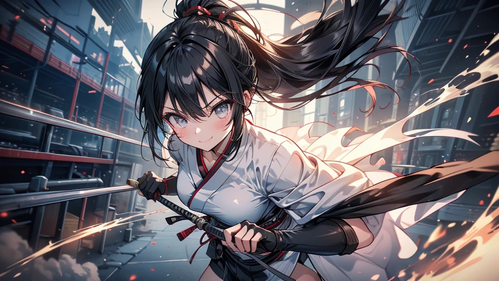 One person　Adult women　ponytail　tall　Narrow eyes　smile　Glare　frivolous attitude　Japanese Clothing　White shirt　Black hot pants　Black long gloves　Black knee socks　Please put your hands on your hips　Holding a naginata　Cape　Mechanized Japanese castle in the background　Running through the battlefield with a naginata at the ready