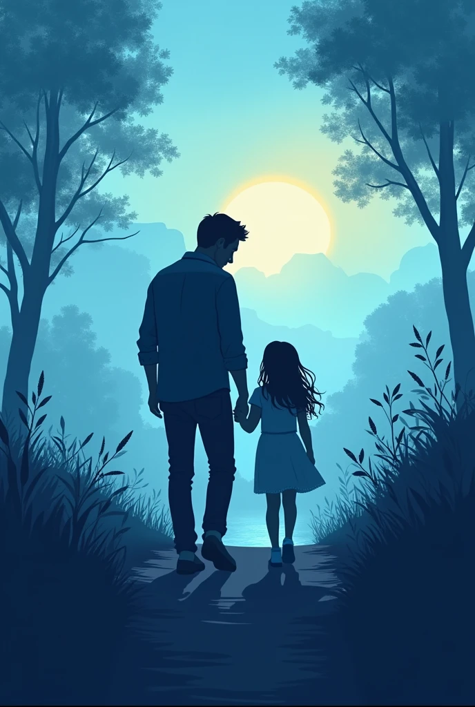 "A commemorative illustration for Father&#39;s Day, showing the silhouette of a father and daughter or a view of them from afar. Dad doesn&#39;t need to be dressed like a superhero, but the image should convey the idea that he is the hero in his daughter&#39;s life. The daughter may be looking at him or walking beside him., transmitting love and trust. The background should use shades of blue to evoke feelings of nostalgia., affection and security, with an overall warm and sentimental tone that reflects the strong bond between the two."