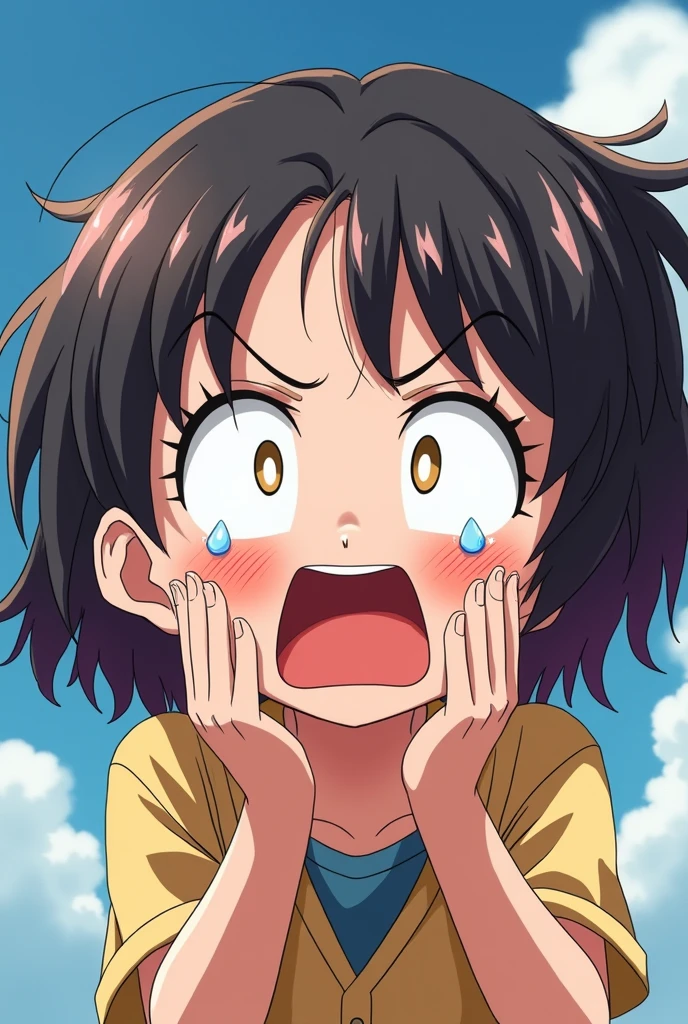 Anime Dragon Ball style girl crying gag style