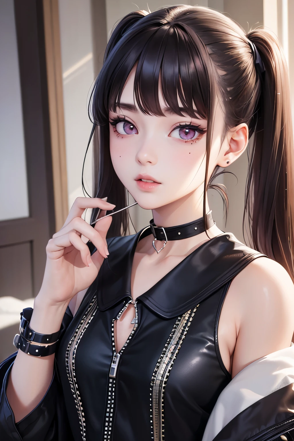 masterpiece, best quality, highly detailed, high resolution, expensive resolution, high resolution, 4K, 8k, Unity 8k wallpaper, highly detailed CG, masterpiece, 2D, 3D, beautiful details, depth, fine texture, best quality: 1.3, perfect focus, crispy skin, him, very cute, one 20-something girl, before a date with him, enjoying fashion, short twin tails, mole under eye, looking at the viewer, expensive, blush, mole, parted lips, heart, pink eyes, choker