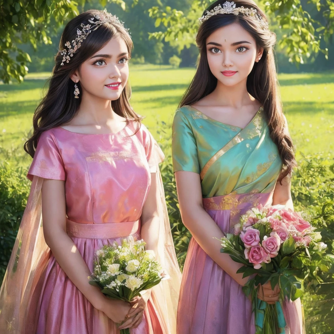 (masterpiece, best quality:1.5), highest quality, High resolution, super detailed, Realists, Upper body photo of a brunette young flower girl, detailed and beautiful eyes, beautiful detailed lips, very detailed eyes and face, longeyelashes, Young girl in short flower girl dress made of shiny satin fabric, Beautiful and colorful makeup, elegant and noble々Pose,shiny satin headband, grind, Holding flowers, Gardens as background, soft daylight, bright colors, fine brushstrokes, Portrait style, Noble details in the dress fabric, beautiful color palette, glowing skin, First-class rendering, that captures every detail, enchanting atmosphere, subtle shadows and lights, (perfect ???????:1.2), (The two stunning flower girls scatter rose petals. (magnificent panorama view:1.2)