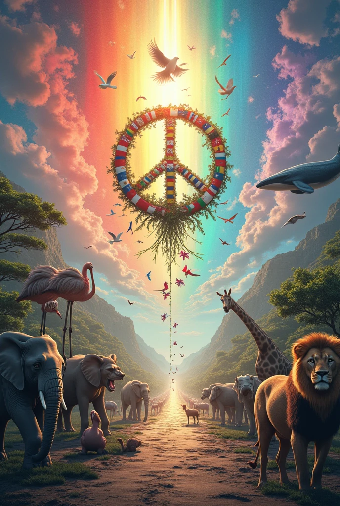 A picture of eternal international peace National flag peace sign Pigeons olive Endless infinite Rainbow Colors colorful Animals that jump out human Lion elephant giraffe Flamingo Whales