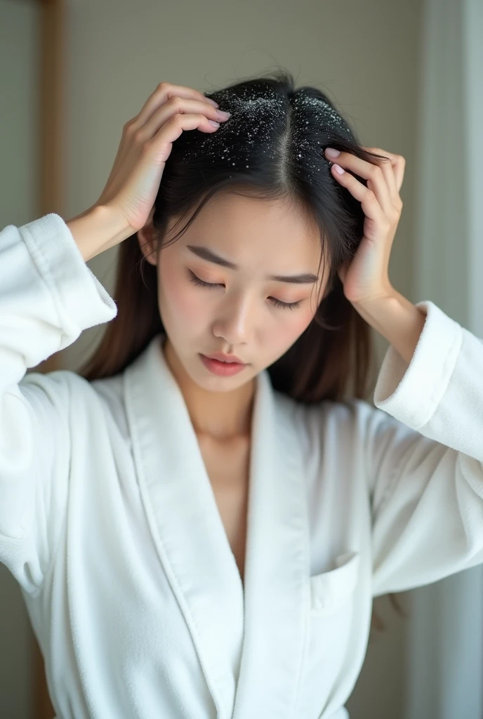 Create an Asian beauty,Wear a white bathrobe,,Scratching the scalp with both hands,There is a lot of dandruff on the top of the head,White fine dandruff on the top of the head,The expression is unhappy,The characters are realistic and realistic,Bathroom Background,9:16 frames,Ultra-high-definition picture quality