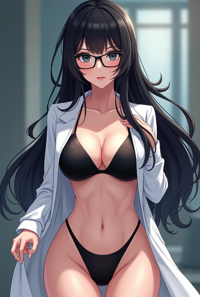 anime girl, black hair, black eyes wearing glasses, with a body of voluptuous curves, wearing black underwear and lab coat 