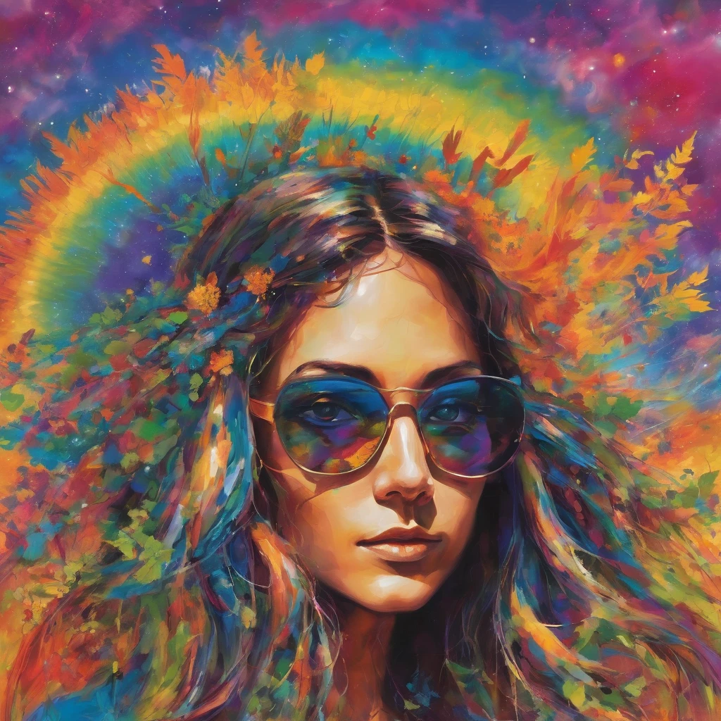 "Visualize an interpretation of the earth on one side of the face in hippie style. To capture its movement and energy in a unique way. Integrate hippie-style colors, to convey a sense of movement and excitement. Play with perspective and layering, to create a multidimensional composition, which questions traditional notions of space and form. Be inspired by the spirit of the hippie era and see nature in a fresh and innovative light.. Unleash your creativity, as you bring this imaginative scene to life on the screen