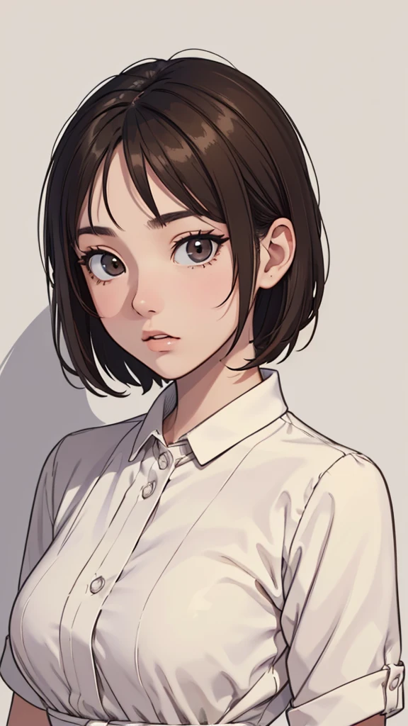 (((masterpiece, best quality, ultra highres, 1 girl, solo, no background))), super detailed skin and face and eyes and finger, beautiful japanese woman, small breasts:1.5, skinny, light brown hair, very short pixie hair, cowboy shot, The background should be simple, outline, anime, 2d, boyish, expressionless, flat paint,