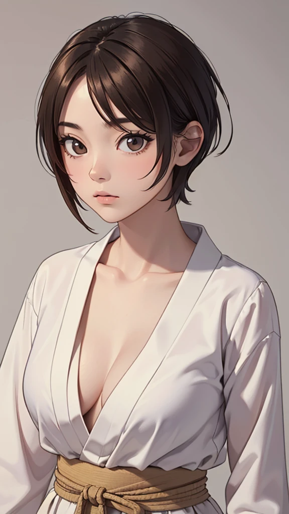 (((masterpiece, best quality, ultra highres, 1 girl, solo, no background))), super detailed skin and face and eyes and finger, beautiful japanese woman, small breasts:1.5, skinny, light brown hair, very short pixie hair, cowboy shot, The background should be simple, outline, anime, 2d, boyish, expressionless, flat paint,