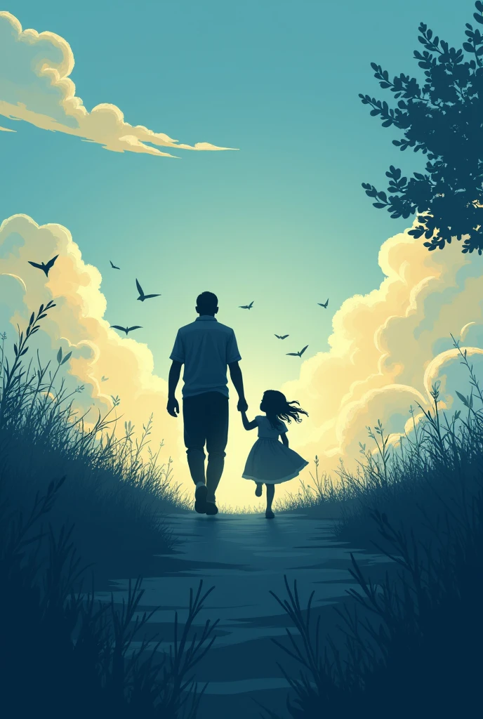 "A commemorative illustration for Father&#39;s Day, showing the silhouette of a father and daughter or a view of them from afar. Dad doesn&#39;t need to be dressed like a superhero, but the image should convey the idea that he is the hero in his daughter&#39;s life. The daughter may be looking at him or walking beside him., transmitting love and trust. The background should use shades of blue to evoke feelings of nostalgia., affection and security, with an overall warm and sentimental tone that reflects the strong bond between the two."