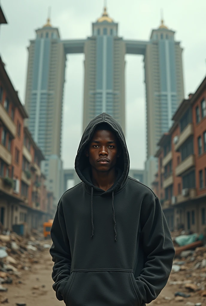 ((photorealism:1.2)) Create an image of an African American male with brown skin and dark brown eyes standing in a poverty-stricken and dirty area. He is wearing a hoodie, which adds a layer of anonymity and mystery to his appearance. Despite the desolate surroundings, towering behind him are opulent and excessively large buildings that symbolize wealth and luxury. The stark contrast between the impoverished foreground and the extravagant background highlights the stark disparities in society. The scene conveys a sense of isolation and struggle faced by individuals in underprivileged communities, juxtaposed against the affluence and privilege represented by the grand structures looming in the distance. This image captures the societal divide and the complex dynamics of wealth and poverty in a powerful and thought-provoking way.