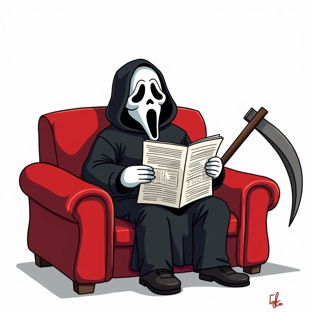 draw a drawing in the proportions 2000x 2000, with a completely white background, colored in the cartoon style of the character from the film Scream, sitting on a red sofa calmly reading a newspaper and smiling, with his scythe resting on the sofa