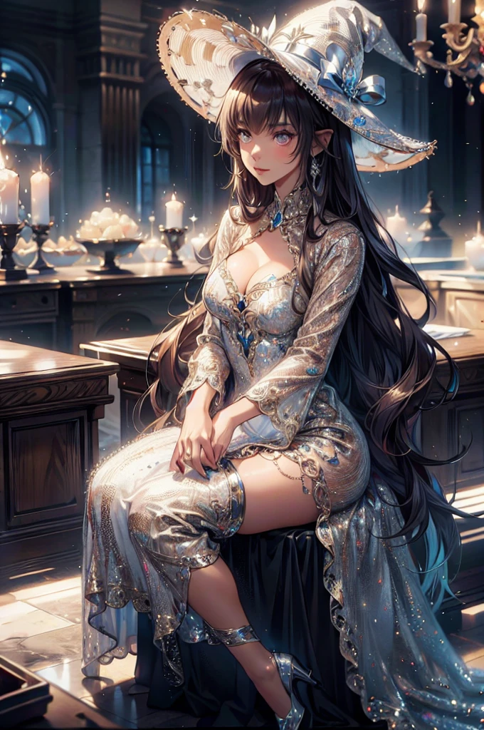 best qualityer, Masterpiece artwork, ultra high nothing, (photo realist: 1.4), surreal portrait, Surrealism, dream-like, Salix bloom in a vase, fantasy creature, DiamonAI -imagine - master part, (milf), best qualityer, ((elfo)), long hair, rainbow hair, large eyelashes, ultra detailed eyes, detailed hands, ultra detailed fingers, adult woman, breasts big, elfo, wide hip, detailedeyes, detailed hands, elsword, dark ilumination, big hat witch, long silk dress with glitter, long red lace dress, Accessories