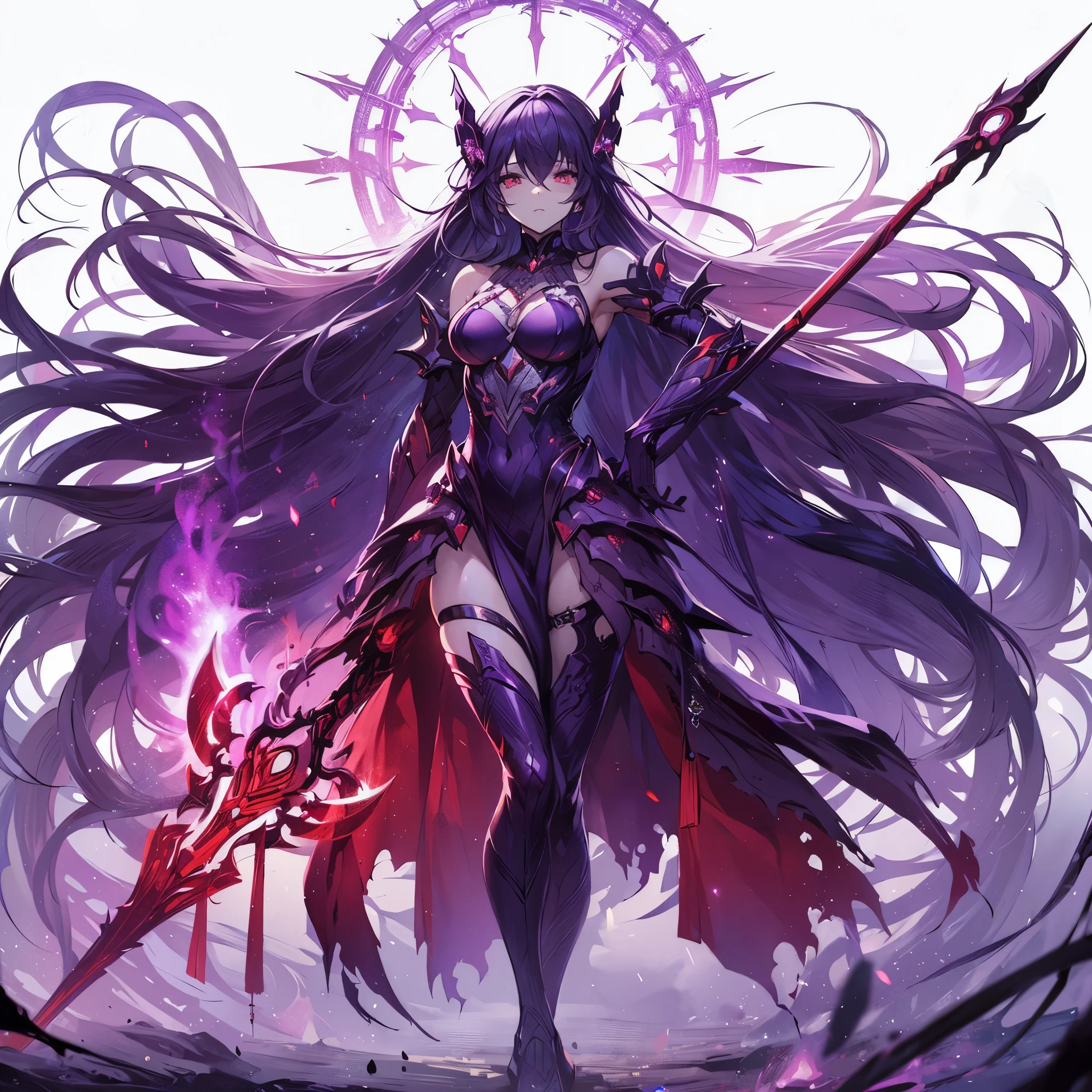 (masterpiece, Best Quality), (detailed hairs), Ultra-detailed, anime style, Full body, solo, sci-fi Celtic goddess girl, head on prismatic halo, deep purple Japanese long hair, white skin, Sheathing the crimson painted long spear, red pupils, ultra-massive, muscular, purple body-fitting suits, high-boots, supernatural flame, white background, full body standing, standing in wasteland, black-purple flame aura,
