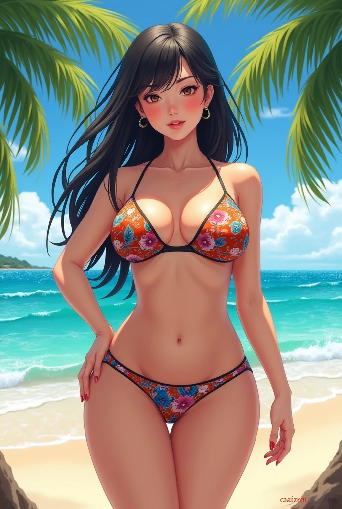 Big breasted round faced Japanese woman in bikini