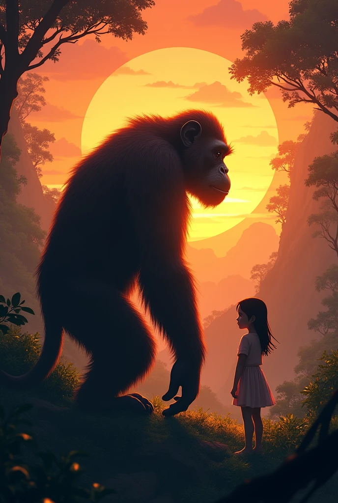 /imagine a big monkey stand with a girl on the outside of the jungle when the down sunset realistic