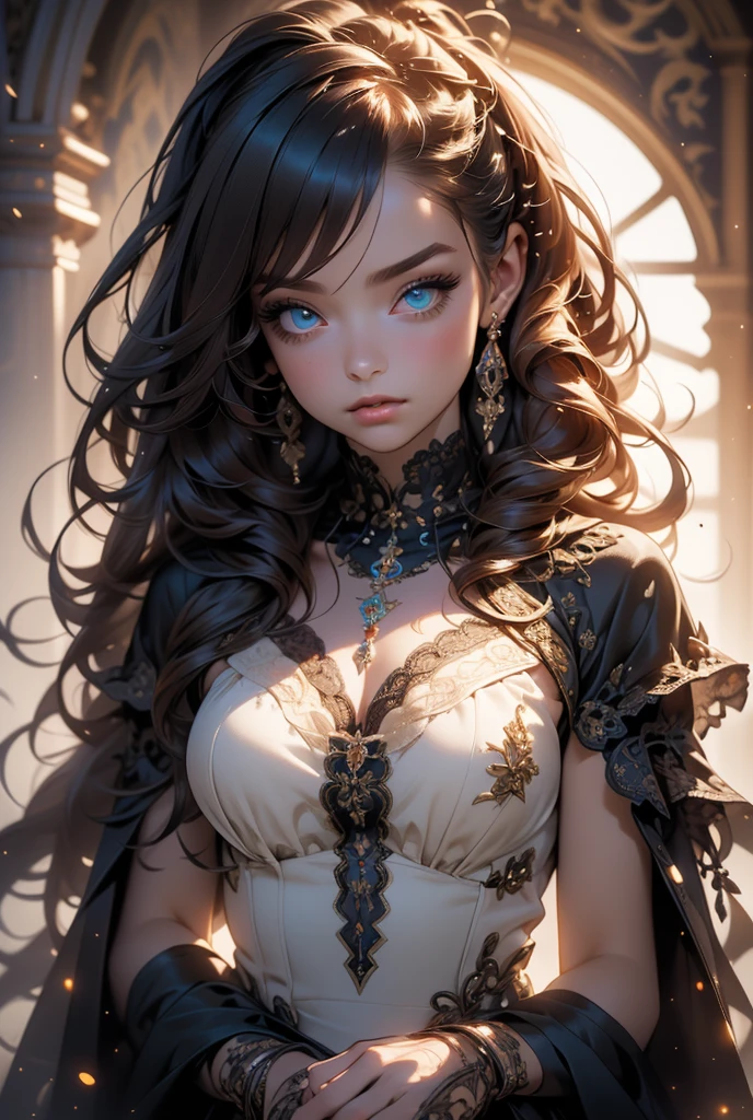 (((masterpiece, of the highest quality, super detailed))), (a witch belonging to an occult order of knights), (a knight crossed with a witch), Victorian era inspired, ((minimal but intricate beautiful armour)), (Fluttering lace flared dress with frilly petticoats), ((Bloodbourne inspired)), (big forhead:1.2), (((dark hair, ponytail, thick ponytail, heavy ponytail))), (((Very sharp focused eyes))), (small breasts), very long eyelashes, occult aesthetic, (red and white clothing detailed and intricate steampunk and detailed gothic), (with a hood), complex lace boots,