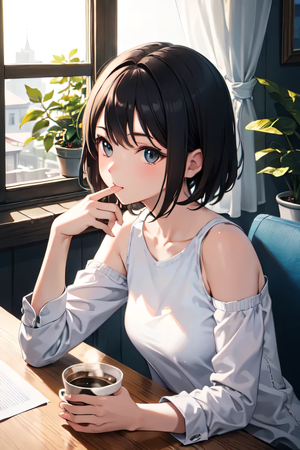 ((Highest quality)), ((masterpiece)), (detailed), One girl,Short Hair,A window where the morning sun shines in,Sit by the window,Drinking coffee,Almond Eye,Close up of face