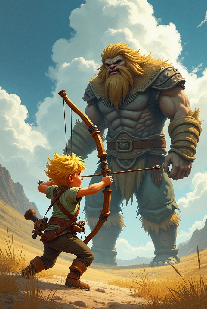 Blond boy with a spinning slingshot aiming at a giant. mode