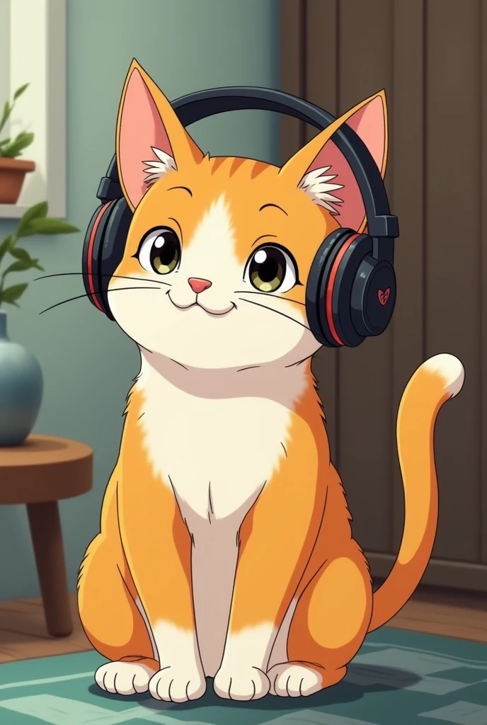 Ghibli-style cat wearing headphones