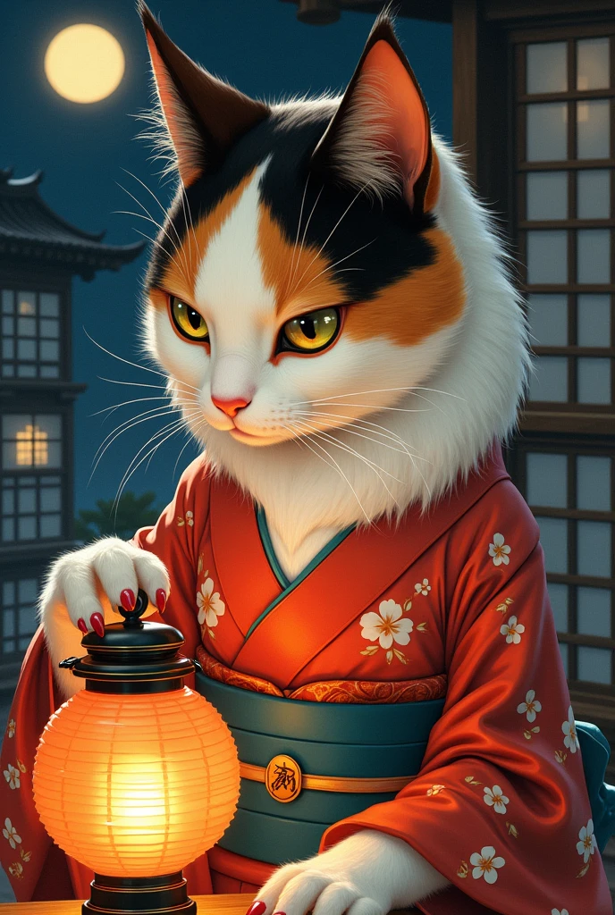 Japanese Yokai、Cat、Anthropomorphic female calico cat:1.5、Detailed whisker pads:1.5、The body is human、Fluid and detailed３Long hair in color、Wearing traditional Japanese kimono、Night after night, I lick the oil from the lantern、Traditional Japanese House、Exquisitely detailed kimono texture、Beautifully detailed fur texture、Very detailed、Ethereal、Shine、mysterious、Fantasy、Ukiyo-e style、Bright colors、Dramatic lighting、Digital Painting、8k、high quality