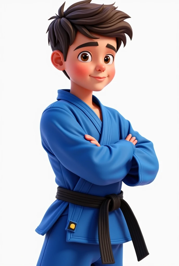 A boy wearing a blue martial arts uniform and a black belt, turning to the right. 3d, animated, detailed face, asymmetrical 16k