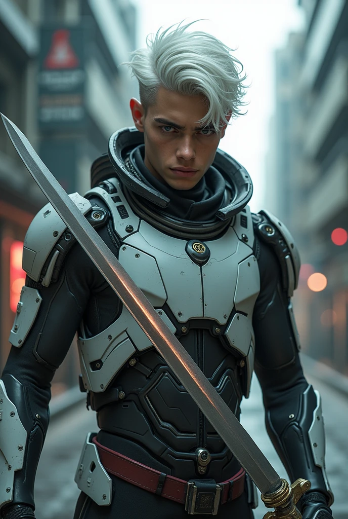 A young man with robo full suit and he has a sword on his hand and he has white hair