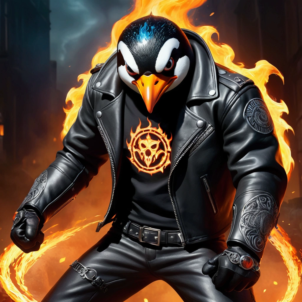 Closeup, an extremely badass anthropomorphic penguin completely possessed by Ghost Rider wearing an insanely cool glossy metallic black leather Harley Davidson biker jacket, video gamer shirt, black leather biker gloves, black leather biker pants, assuming an outrageously awesome, epic dynamic fighting stance, fists enshrouded in intense, dark, deadly, demonic flames, penance stare, encircled by intricate magic circles and runes, vibrant colors, action-packed, tough, bad ass, bad to the bone, born to be wild, high contrast, dramatic lighting, ultra fine, digital painting, award-winning work, 8k ultra resolution.