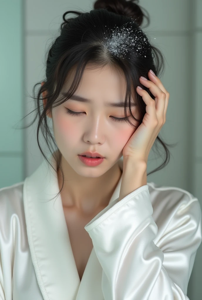 Create an Asian beauty，Wearing a white satin bathrobe，，Scratching the scalp with both hands，There is a lot of dandruff on the top of the head，White fine dandruff on the top of the head，The expression is unhappy，The characters are realistic and realistic，Bathroom Background，9:16 frames，Ultra-high-definition picture quality
