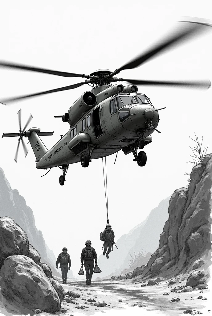 Realistica sketch of mi 17 helicopter rescue people 
From surface level 