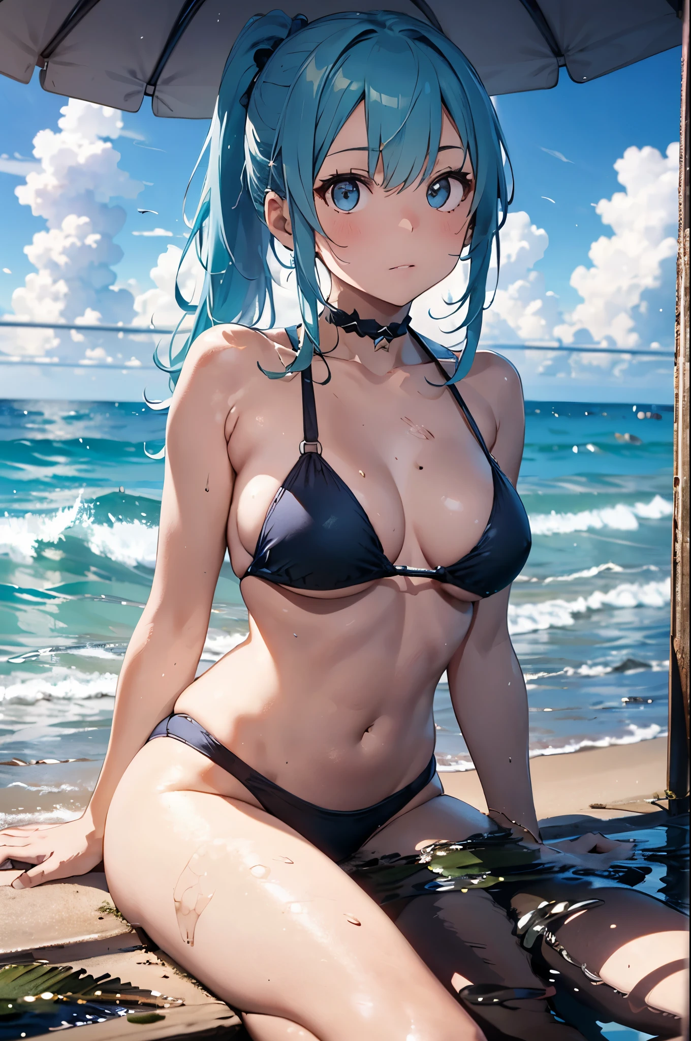 High resolution,topless、
One beautiful young woman,Light blue hair、ponytail、
(Soft Saturation:1.3), (Fair skin:1.2),
(ultra-Detailed Background, Detailed Background), Bokeh,
break&#39;Portrait of a smiling girl.,
When viewed from the front, The composition is symmetrical,
Looking straight at you with serious eyes,
break Swimwear, Red Bikini, Center of chest, 
Outdoor, Sea surface, null, sunlight,Summer beach, Sandy Beach,
Strong light, Front lighting, 
(Teen:1.3), (Cowboy Shot:1.2),
Front brake angle,
View your viewers,
Dynamic pose,
sitting on the beach

Seaweed、Seaweed、Seaweed、Seaweed、Seaweed、Seaweed、Seaweed、