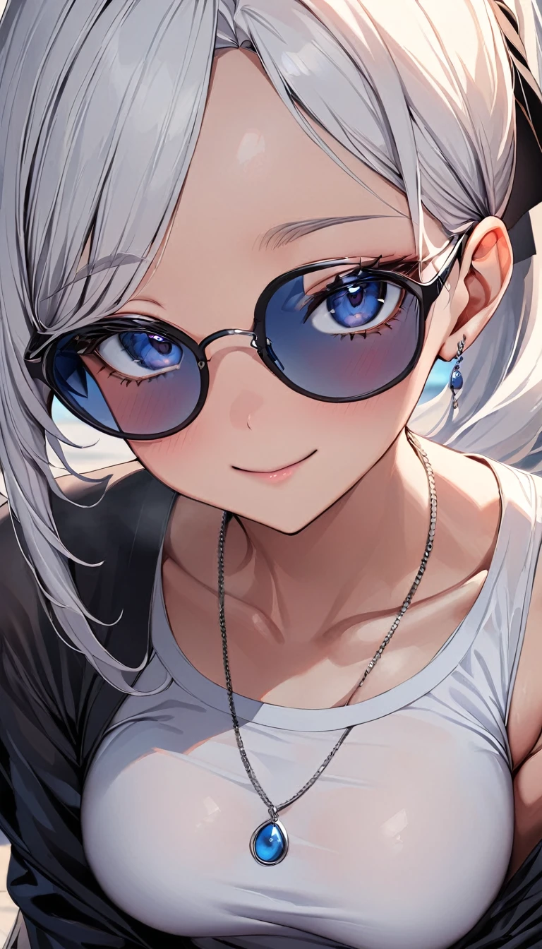 (masterpiece), perfect face, best quality, 1girl, adult anime girl, white hair, long hair, bangs, ponytail, blue lens sunglasses, close-up capture, looking at viewer, detailed nose, detailed natural mouth, blush, smile, black cotton jacket with zippers, silver necklace, medium breasts, 