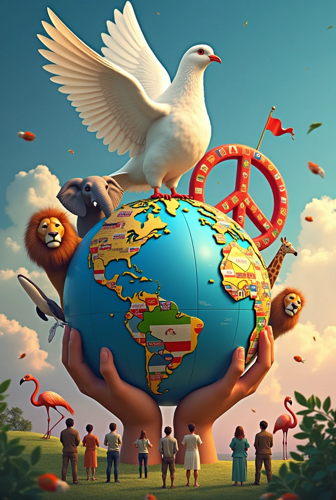 A picture of eternal international peace Peace sign with national flag pattern One big pigeon Olive leaves infinite Rainbow colored sky colorful Animals popping out of a globe-shaped jack-in-a-box Humans Supporting the Earth Lion elephant giraffe Flamingo Whales