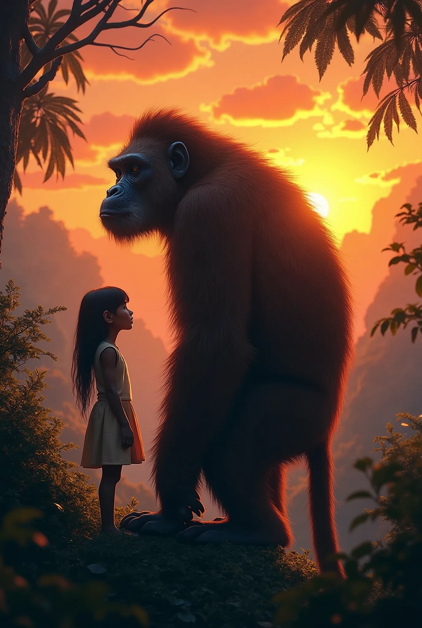 /imagine a big monkey stand with a girl on the outside of the jungle when the down sunset realistic