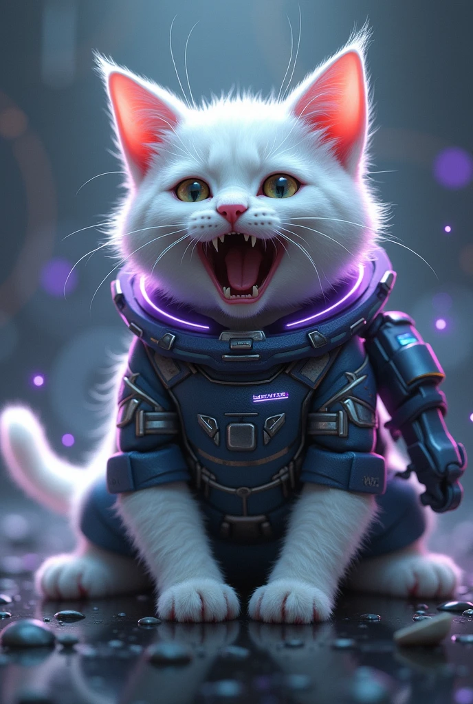 Added a uniform with iron bars to protect important points for the white cat with a broken tail, wearing a small light purple collar, which has passed 8 lives, and added a mysterious and high-tech aura around the cat, in a position where it lies on its back and opens its mouth.