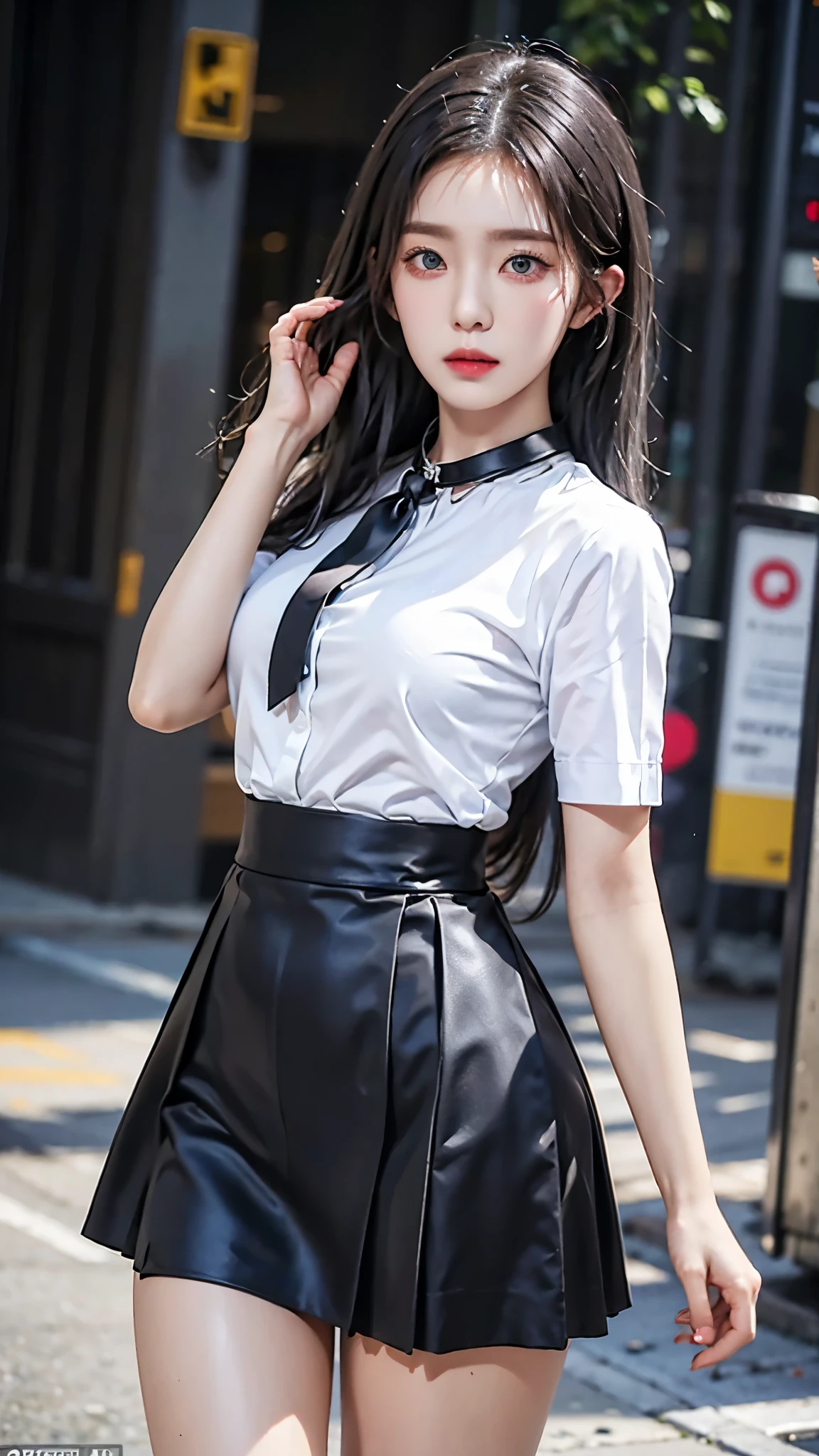 realistic, high resolution, 1 woman, butt up, beautiful eyes, gray hair, long hair, round eyes, collar shirt, belly button visible, black tie, black skirt, city street, Short skirts that show panties, dressed like a student