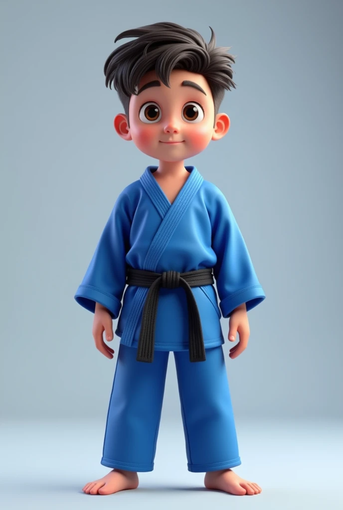 a 14 year old boy wearing a blue martial arts uniform and a black belt. 3d image, cartoon, detailed face, asymmetrical 16k, full body