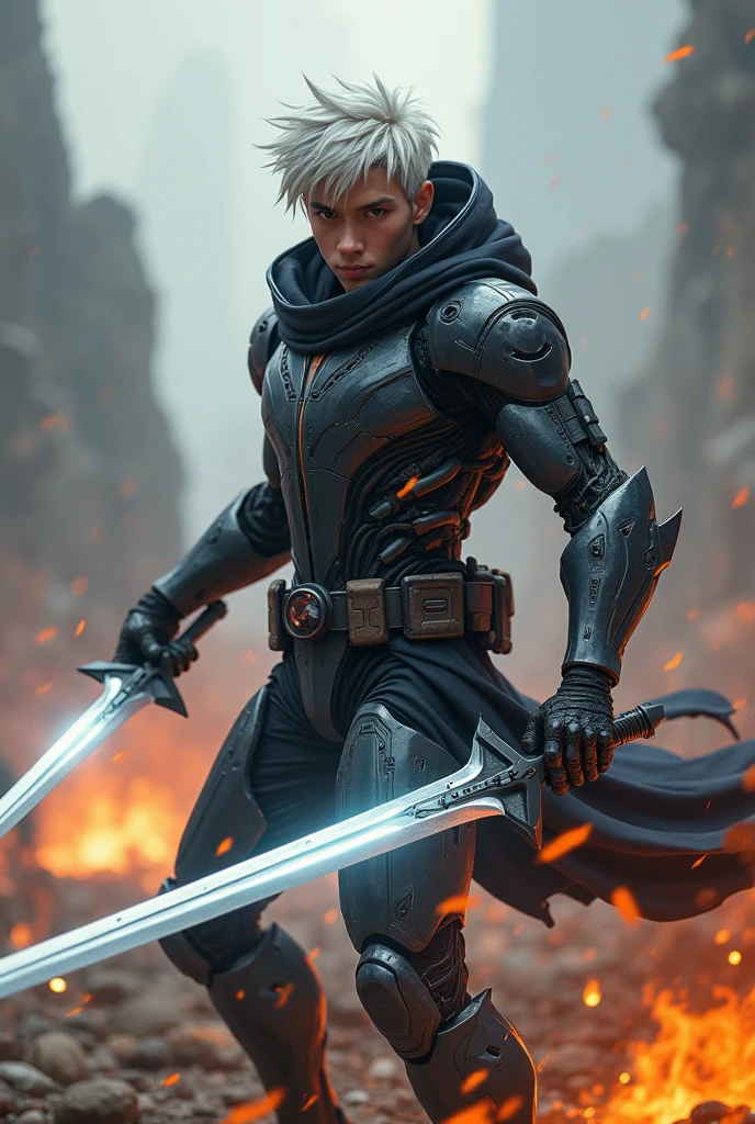 A young man with nano robo full suit and he has a sword on his hand and he has white hair.he is in a battle