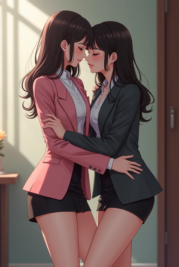 Two girl kissing. (The first woman wears a pink suit, black skirt, white socks, white sneakers The second woman wore a dark gray suit, black skirt, white socks, and white sneakers.) The second girl put her fingers under the first girl's black skirt and black panties.